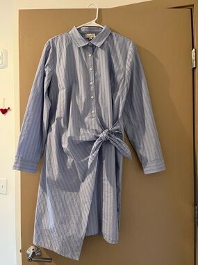 LOFT Striped Blue Tie-Waist Shirt Dress - Classic Collared Style